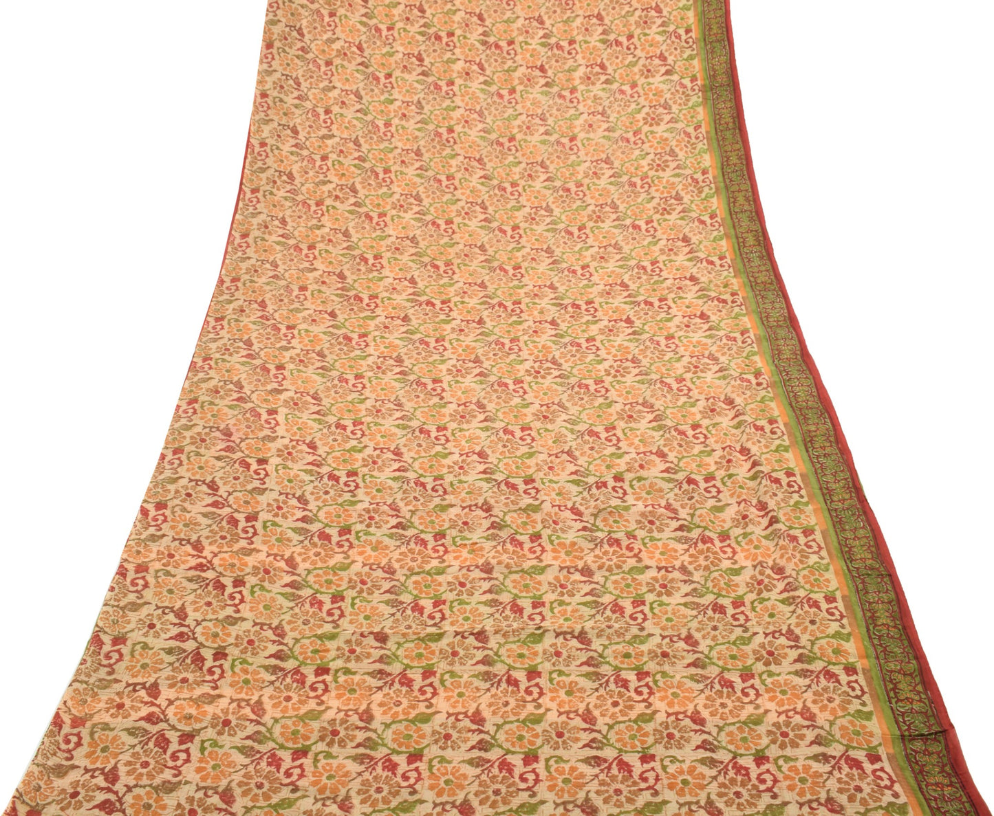 Sushila Vtg Beige Saree Georgette Silk Hand Block Printed Floral Craft Fabric