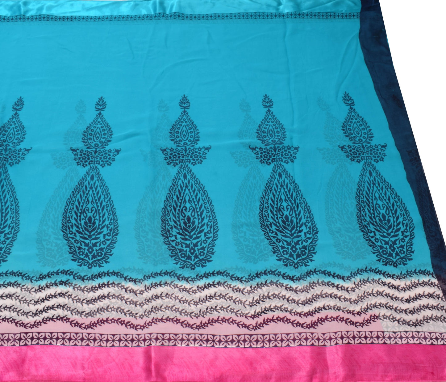 Sushila Vintage Aqua Blue Saree 100% Pure Georgette Silk Printed Craft Fabric