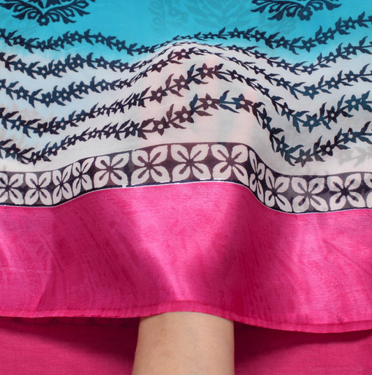 Sushila Vintage Aqua Blue Saree 100% Pure Georgette Silk Printed Craft Fabric