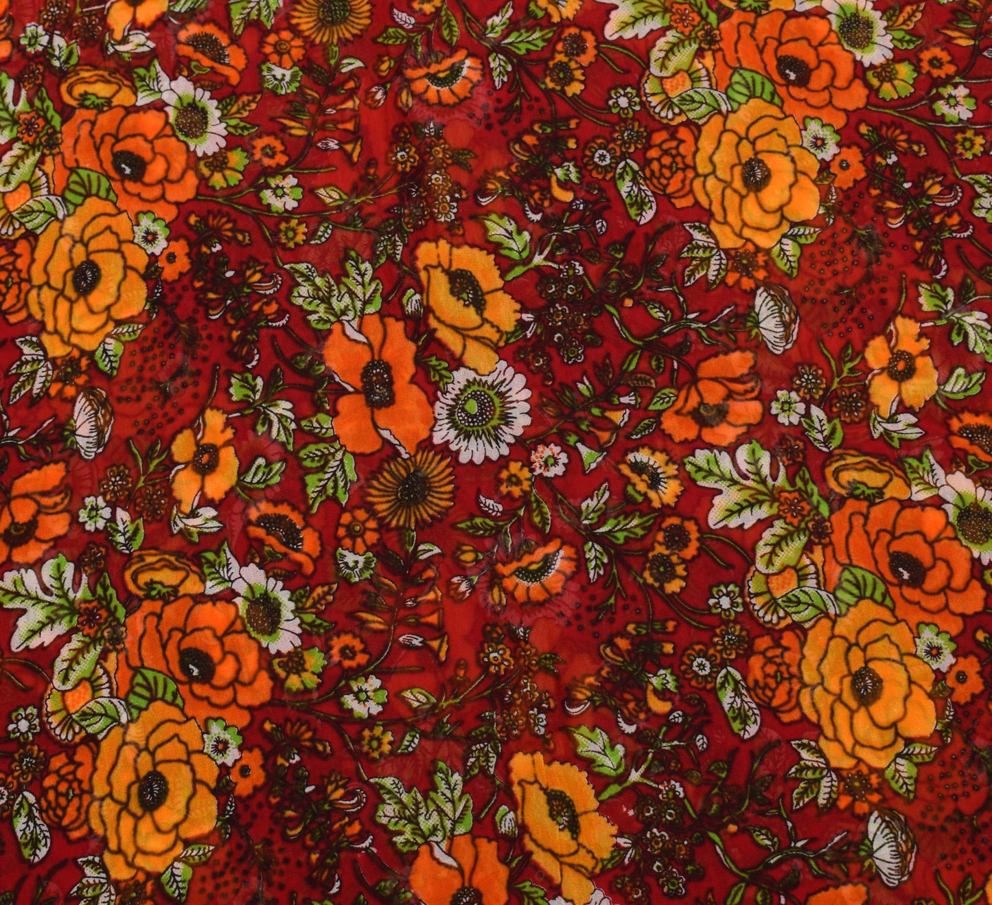 Sushila Vintage Dark Red Floral Saree Pure Georgette Silk Printed Craft Fabric