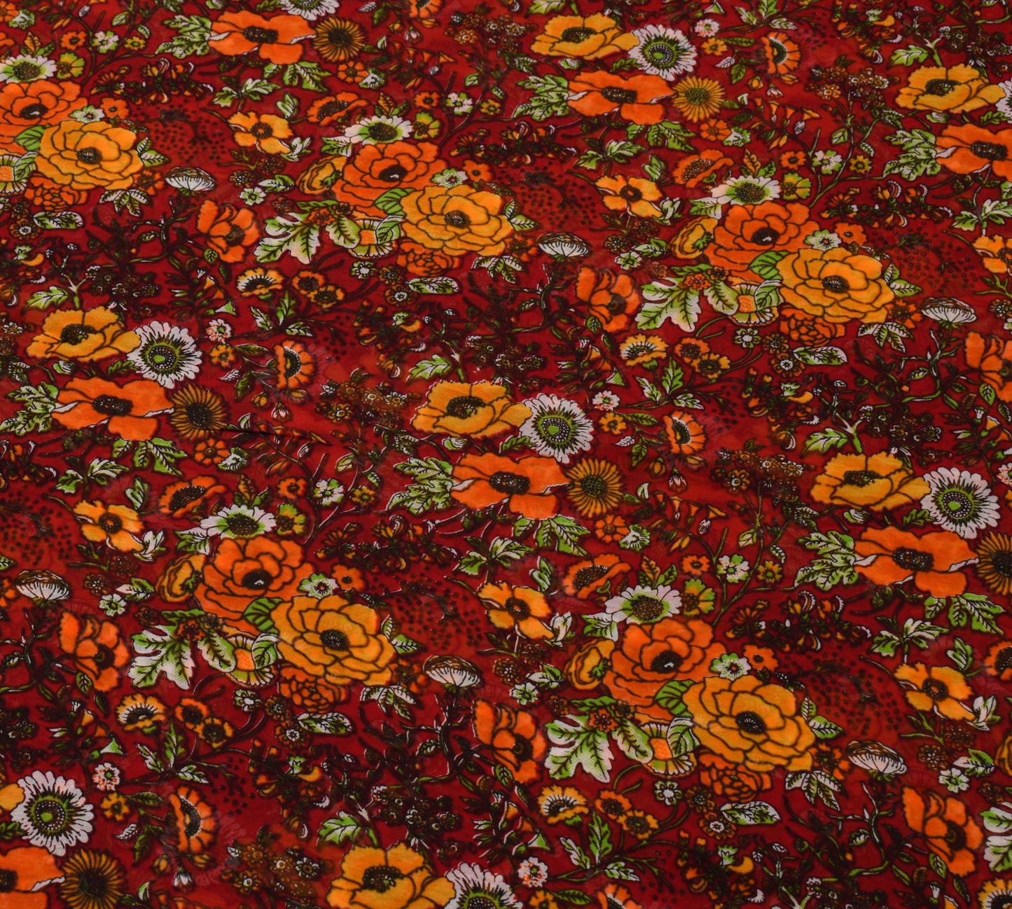 Sushila Vintage Dark Red Floral Saree Pure Georgette Silk Printed Craft Fabric