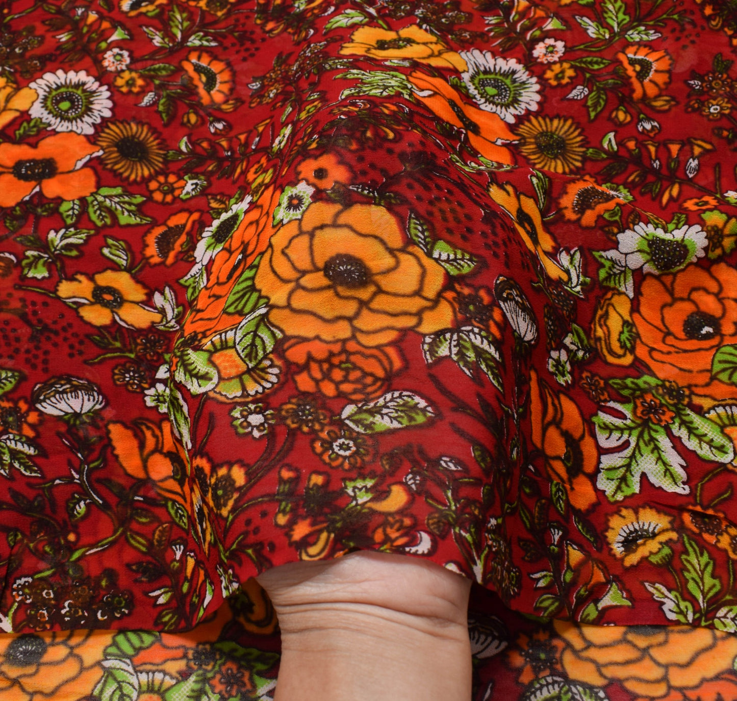 Sushila Vintage Dark Red Floral Saree Pure Georgette Silk Printed Craft Fabric