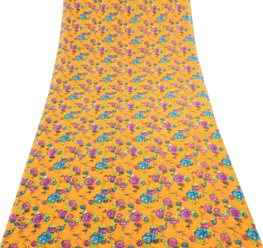 Sushila Vintage Yellow Floral Saree 100%Pure Georgette Silk Printed Craft Fabric