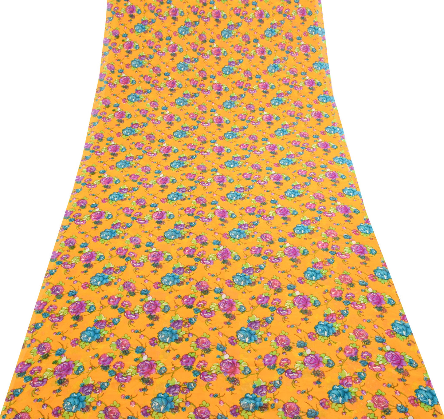 Sushila Vintage Saree 100%Pure Georgette Silk Printed Floral Yellow Craft Fabric