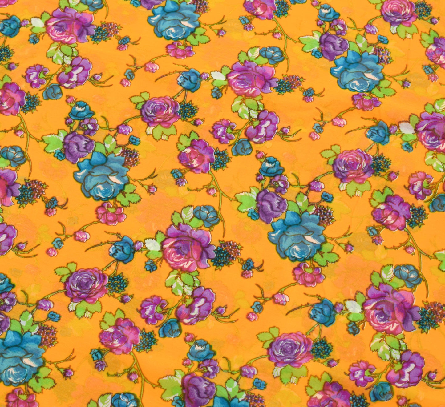 Sushila Vintage Saree 100%Pure Georgette Silk Printed Floral Yellow Craft Fabric