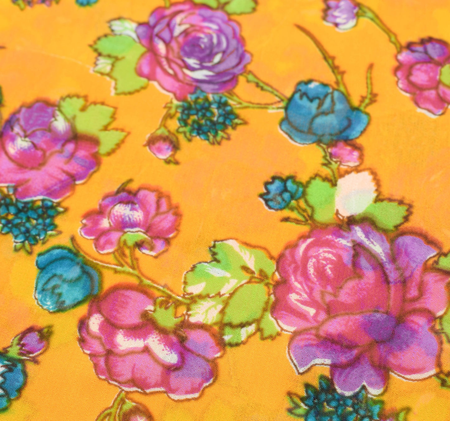 Sushila Vintage Saree 100%Pure Georgette Silk Printed Floral Yellow Craft Fabric