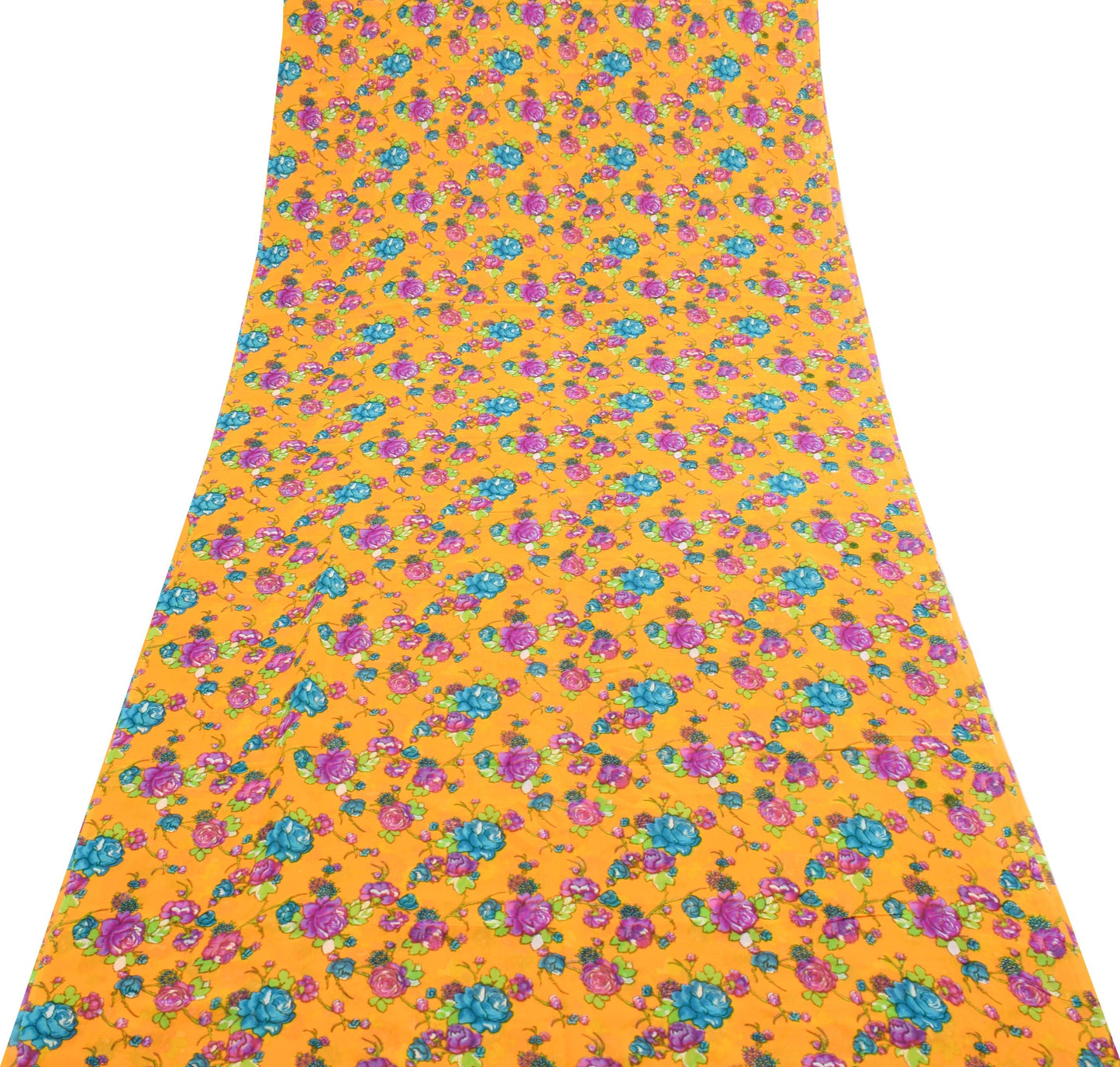 Sushila Vintage Yellow Floral Saree 100%Pure Georgette Silk Printed Craft Fabric