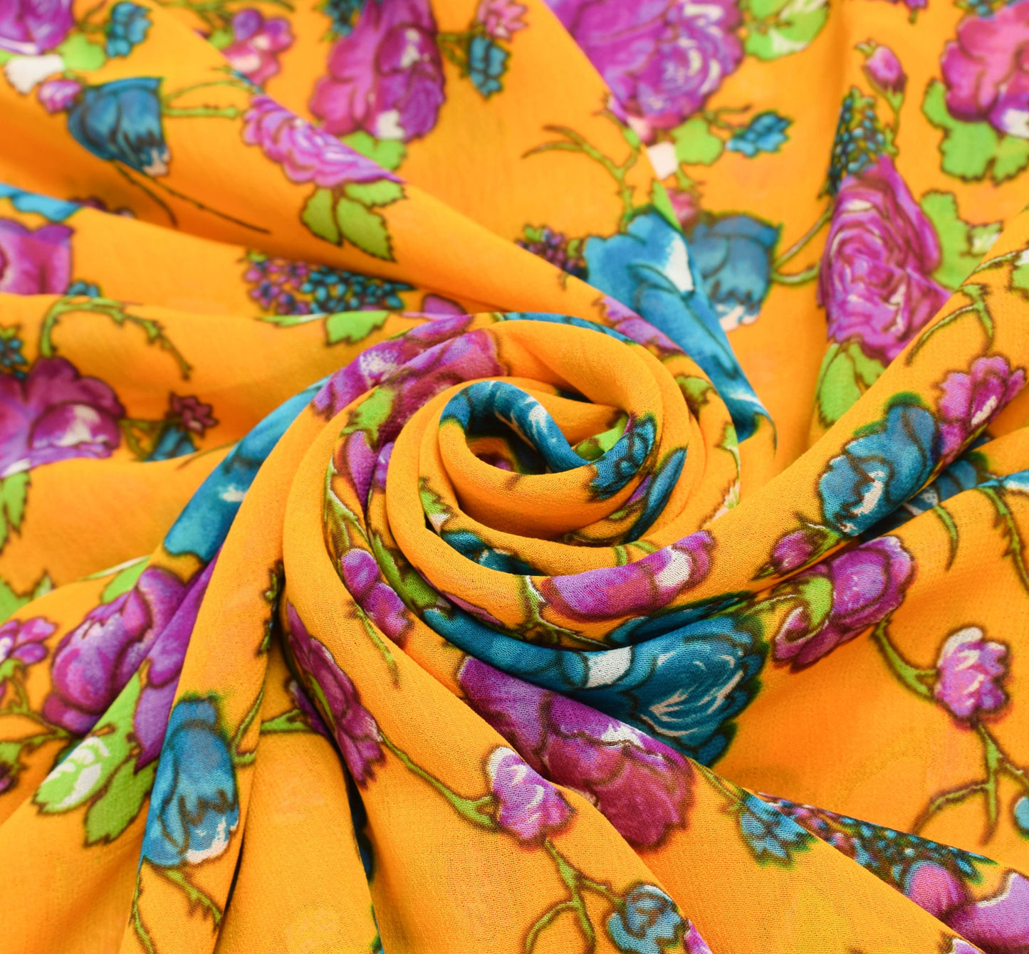 Sushila Vintage Saree 100%Pure Georgette Silk Printed Floral Yellow Craft Fabric