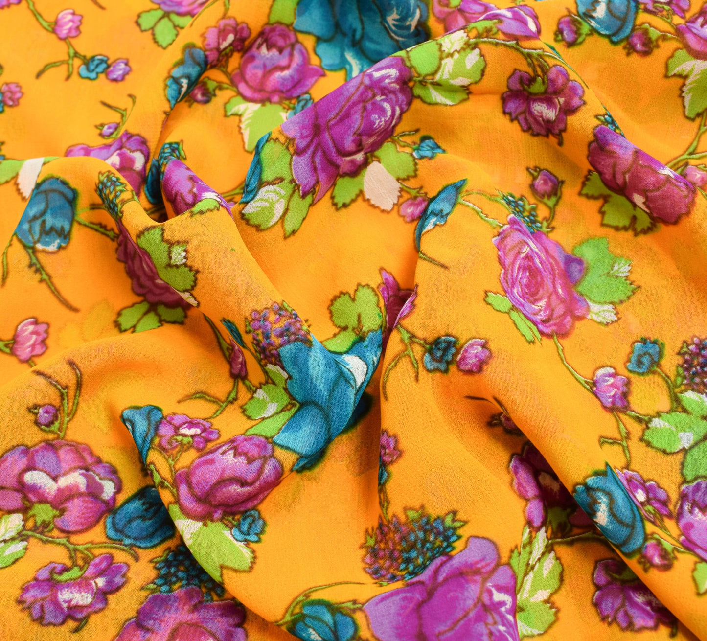 Sushila Vintage Saree 100%Pure Georgette Silk Printed Floral Yellow Craft Fabric