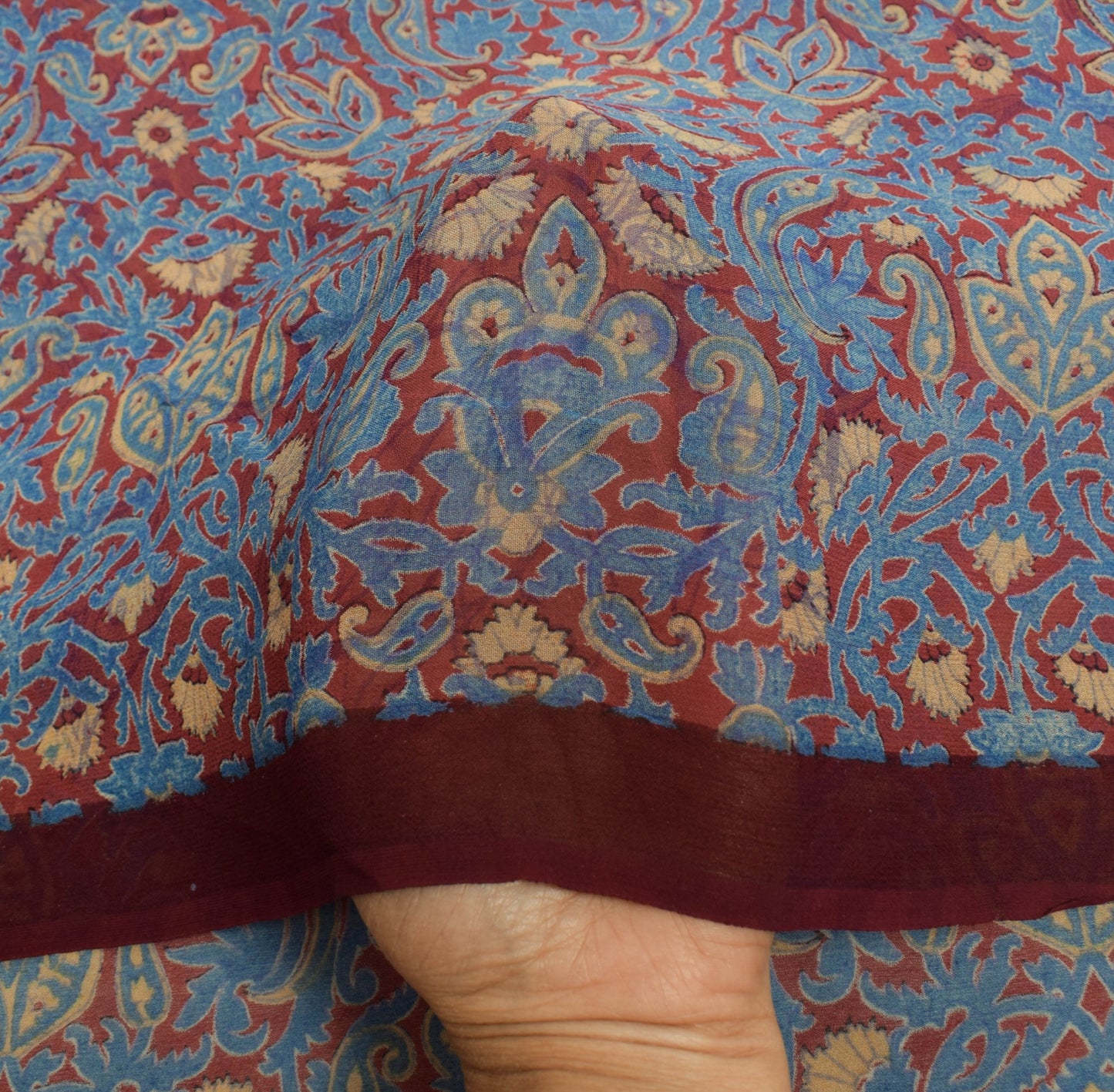 Sushila Vintage Saree 100%Pure Georgette Silk Printed Maroon Floral Craft Fabric