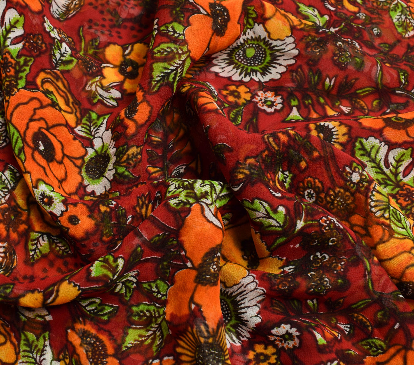 Sushila Vintage Saree Pure Georgette Silk Printed Red Floral Craft Dress Fabric