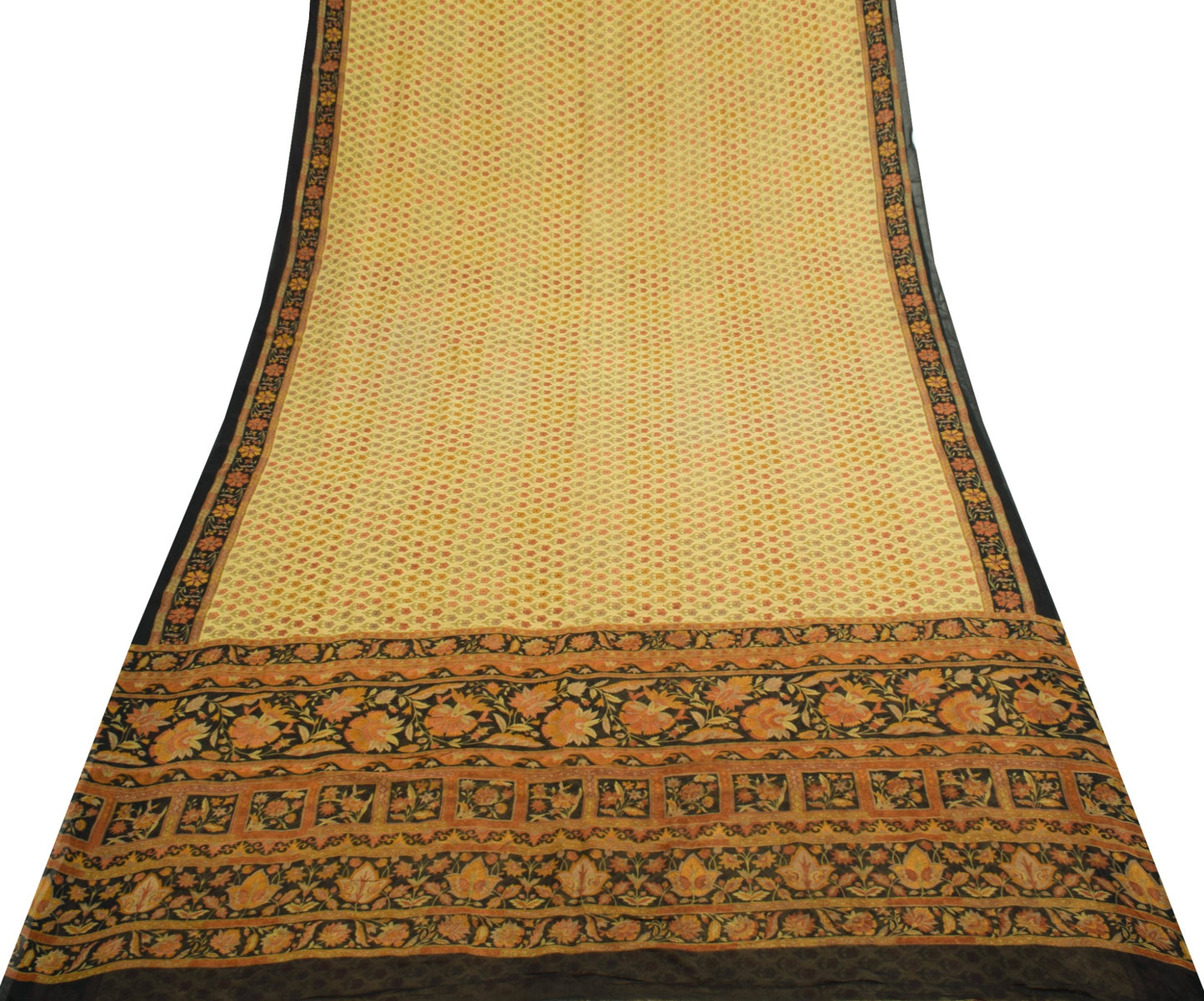 Sushila Vintage Saree 100%Pure Georgette Silk Printed Floral Yellow Craft Fabric