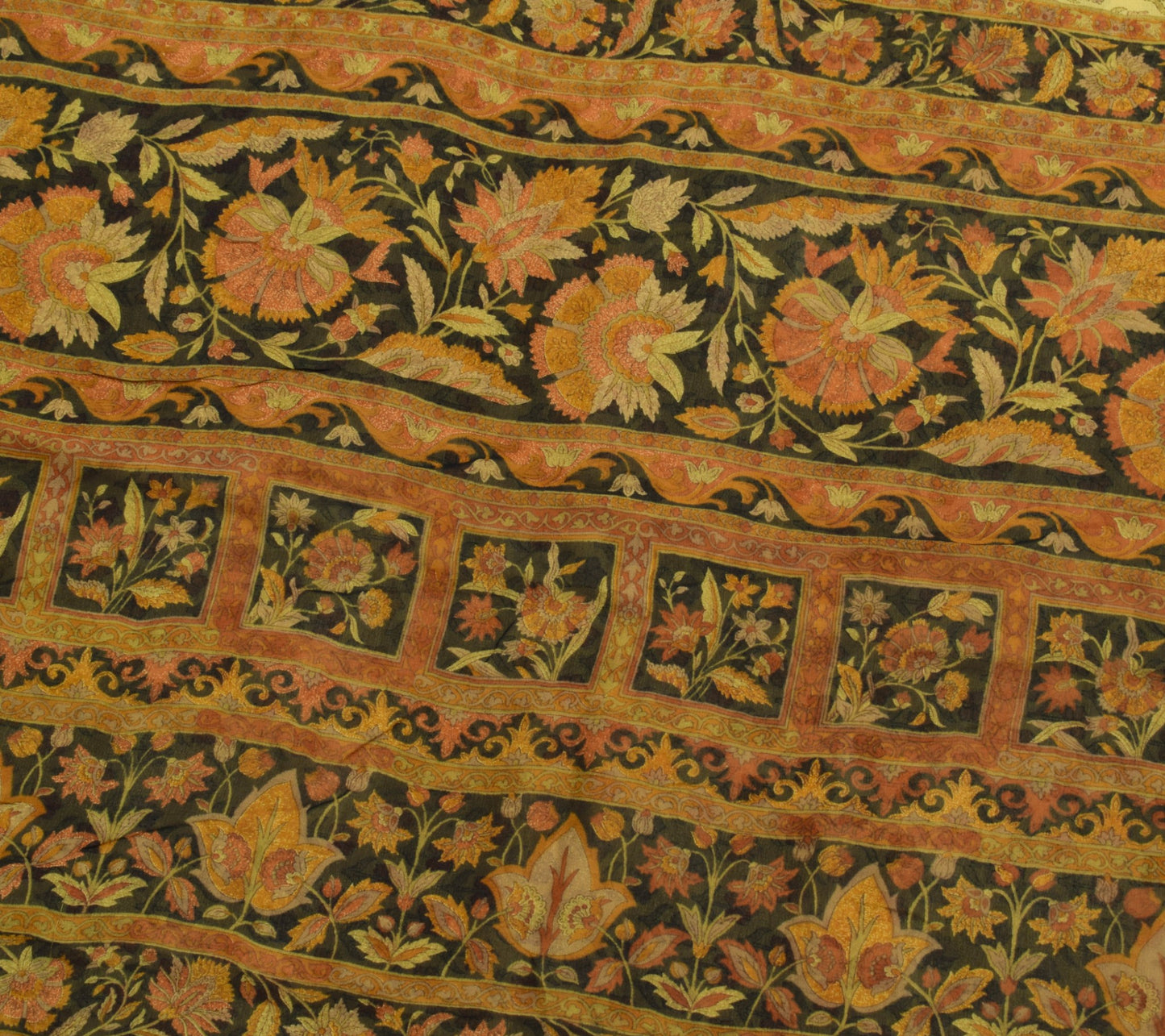 Sushila Vintage Saree 100%Pure Georgette Silk Printed Floral Yellow Craft Fabric