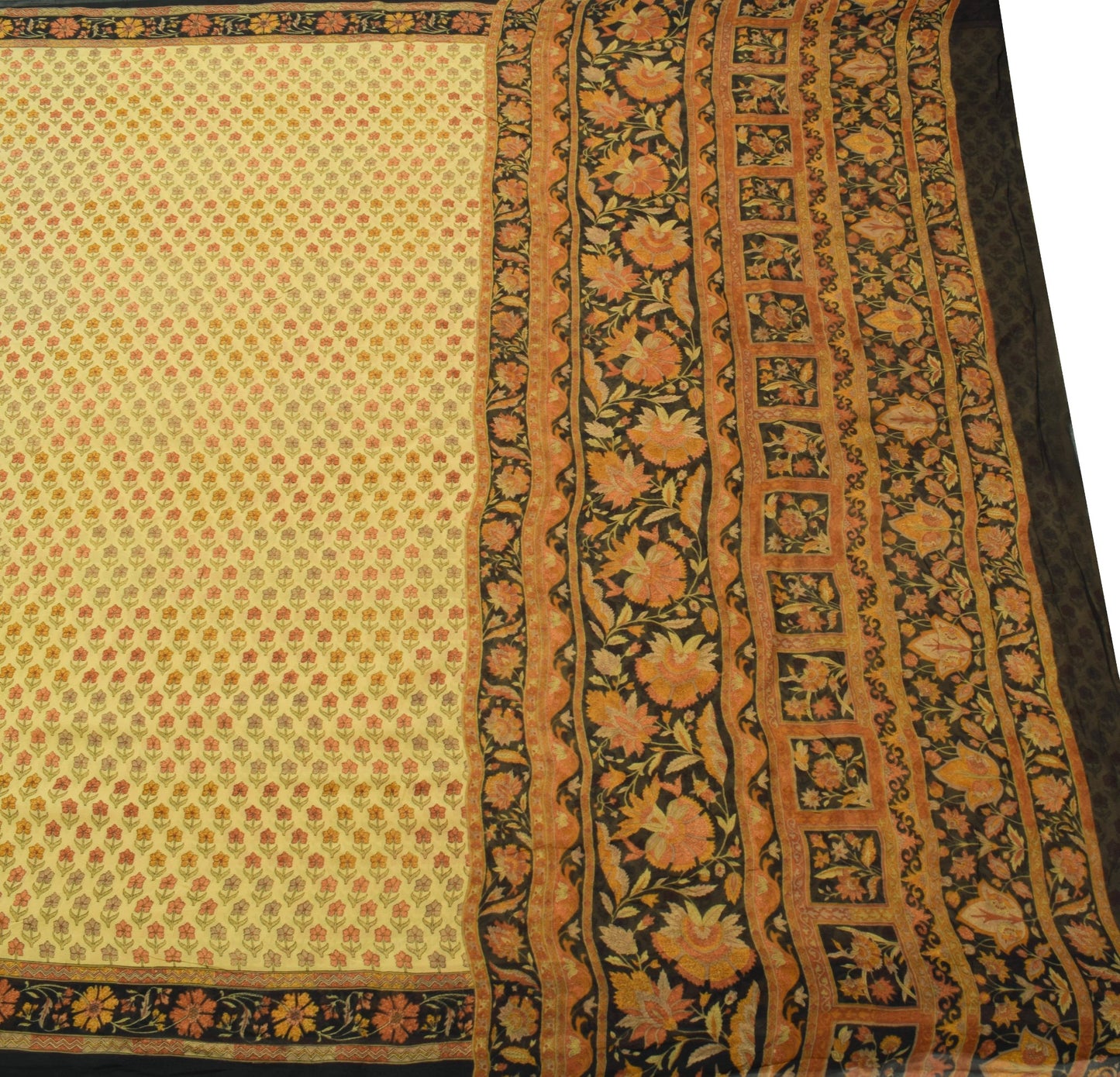 Sushila Vintage Saree 100%Pure Georgette Silk Printed Floral Yellow Craft Fabric
