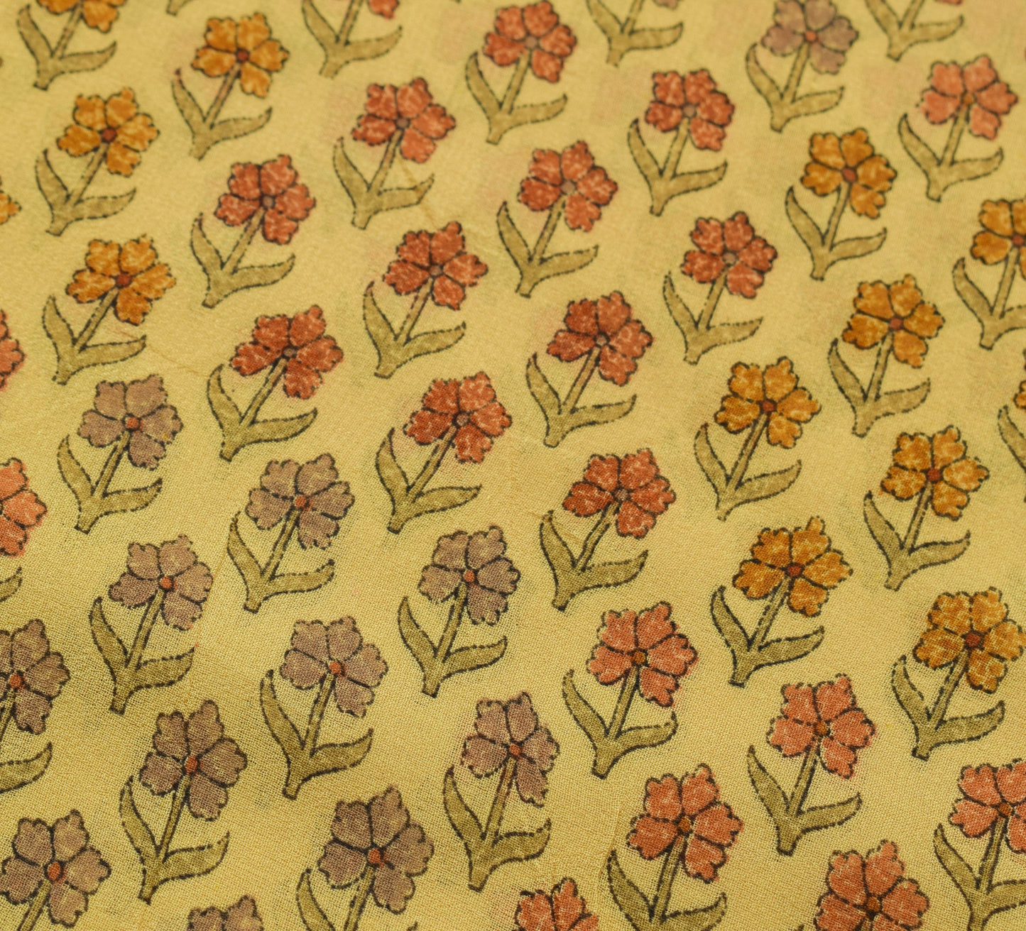 Sushila Vintage Saree 100%Pure Georgette Silk Printed Floral Yellow Craft Fabric