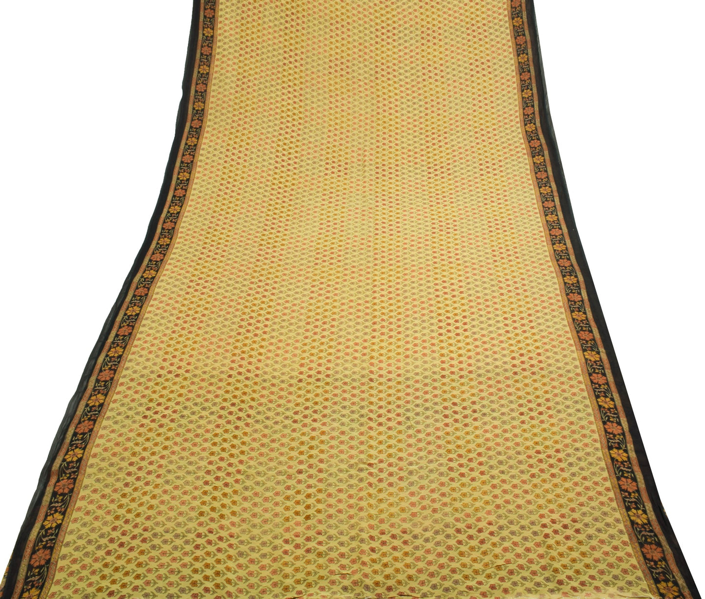 Sushila Vintage Saree 100%Pure Georgette Silk Printed Floral Yellow Craft Fabric