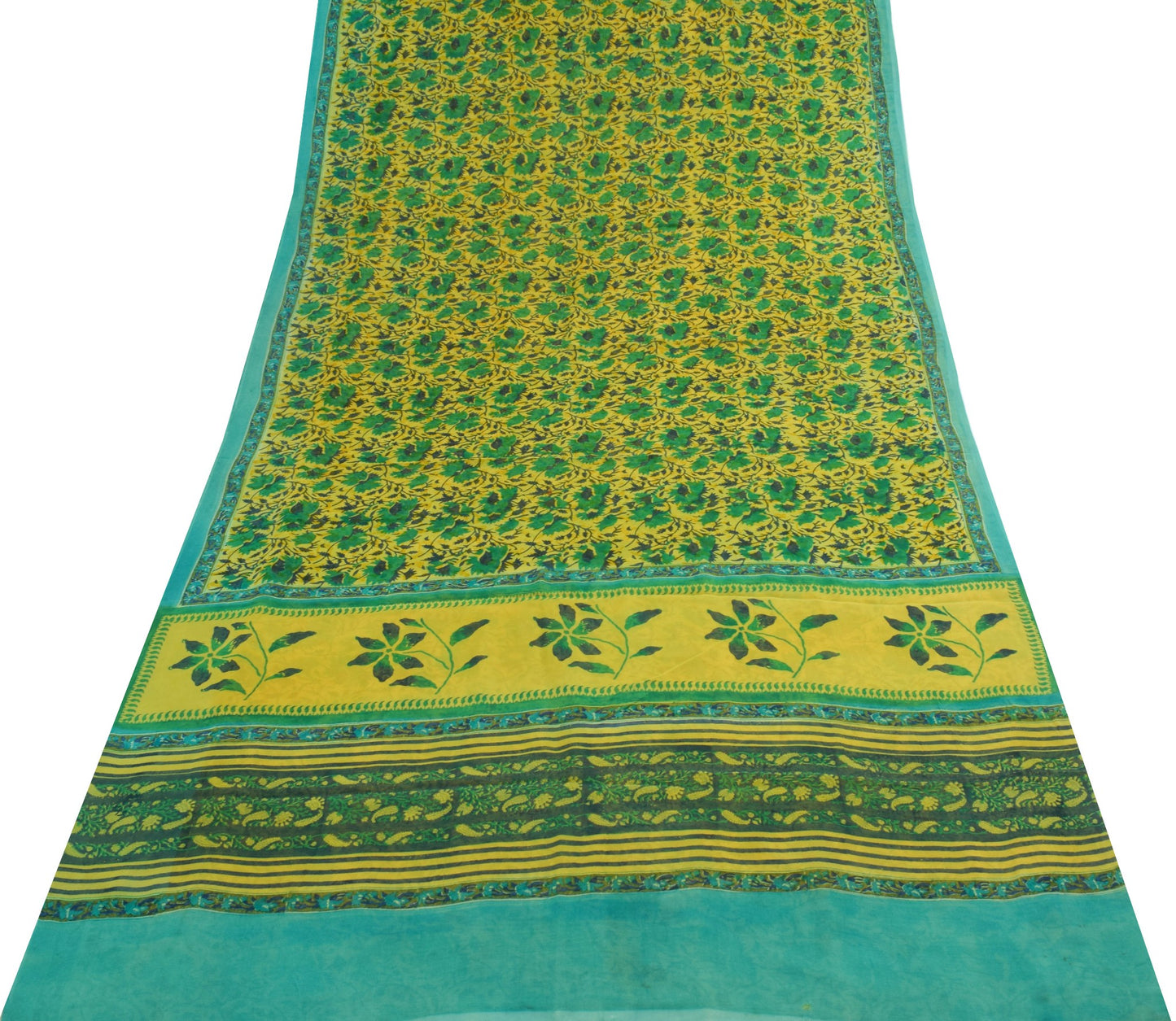 Sushila Vintage Saree Pure Georgette Silk Yellow Hand Block Printed Craft Fabric
