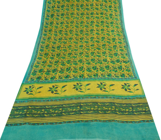 Sushila Vintage Saree Pure Georgette Silk Yellow Hand Block Printed Craft Fabric