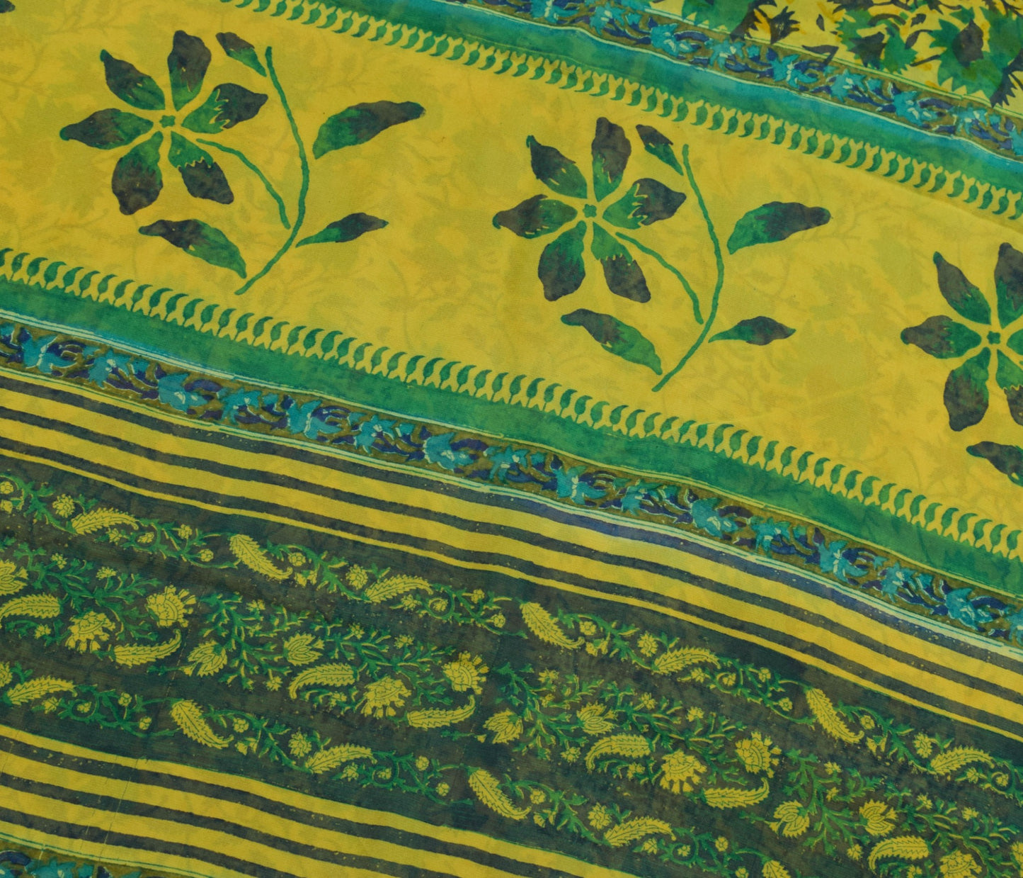 Sushila Vintage Saree Pure Georgette Silk Yellow Hand Block Printed Craft Fabric