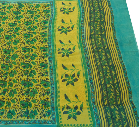Sushila Vintage Saree Pure Georgette Silk Yellow Hand Block Printed Craft Fabric