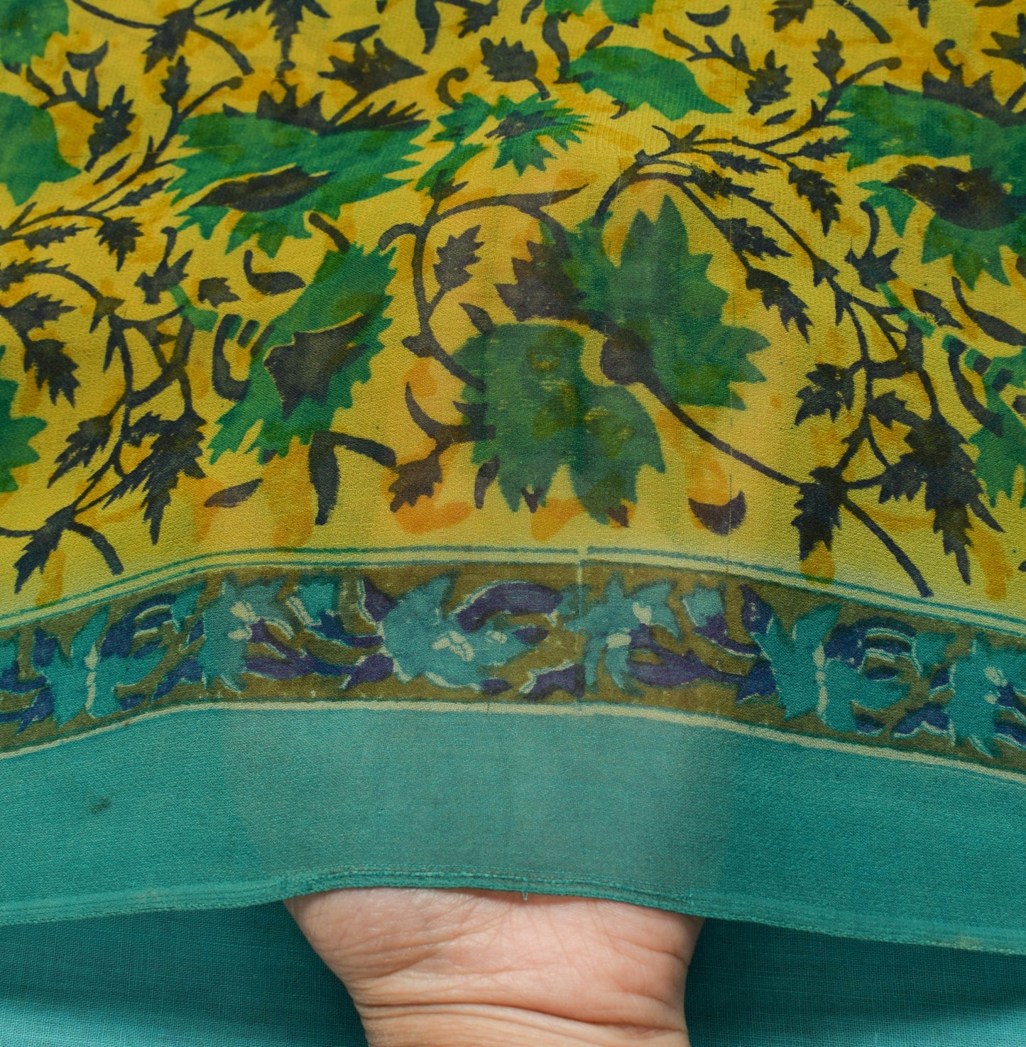 Sushila Vintage Saree Pure Georgette Silk Yellow Hand Block Printed Craft Fabric