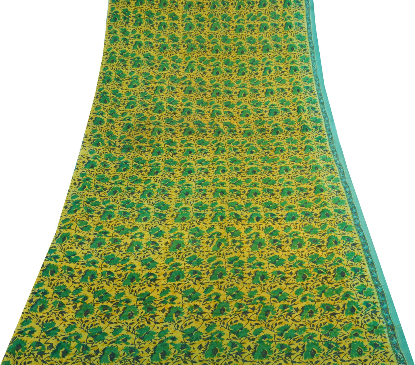 Sushila Vintage Saree Pure Georgette Silk Yellow Hand Block Printed Craft Fabric