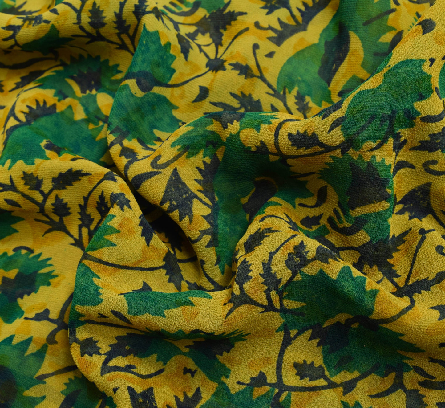 Sushila Vintage Saree Pure Georgette Silk Yellow Hand Block Printed Craft Fabric