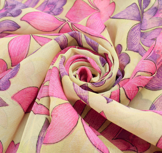 Sushila Vintage Floral Cream Saree 100% Pure Georgette Silk Printed Craft Fabric
