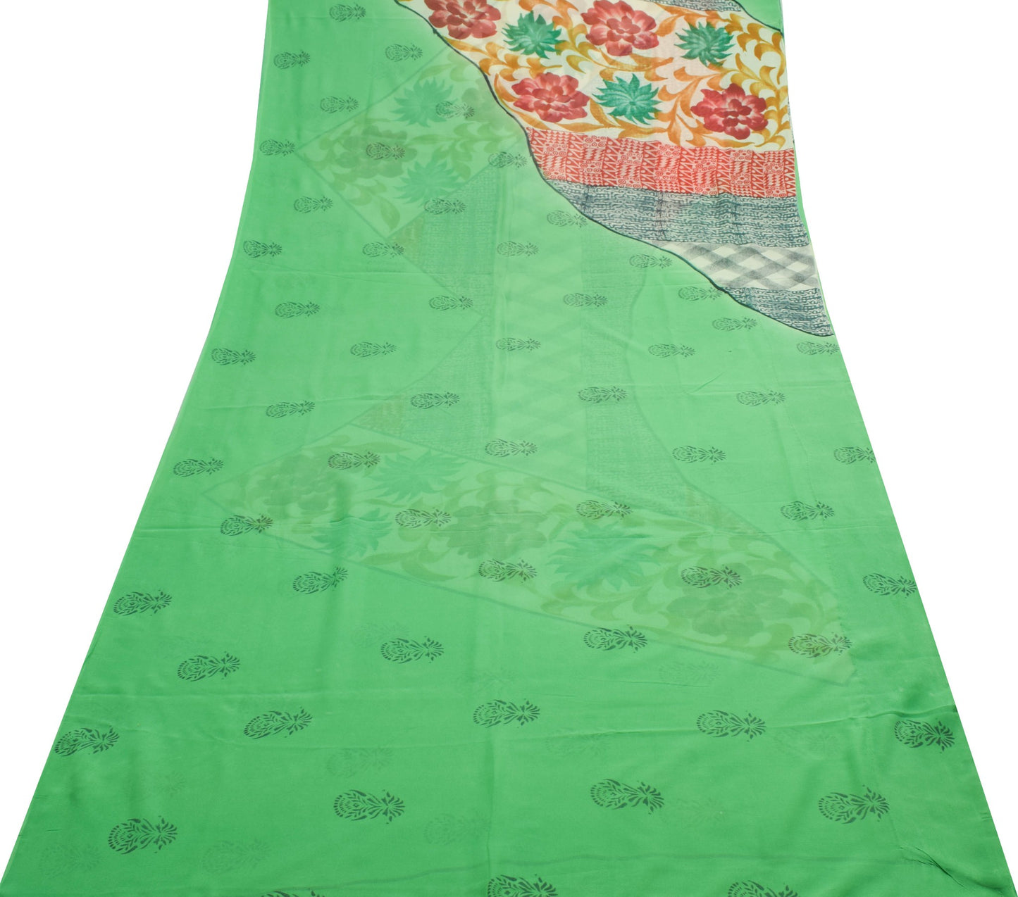 Sushila Vintage Green Floral Saree 100% Pure Georgette Silk Printed Craft Fabric