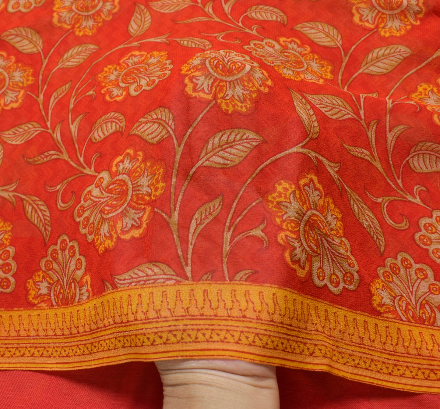 Sushila Vintage Saree 100% Pure Georgette Silk Printed Floral Red Craft Fabric