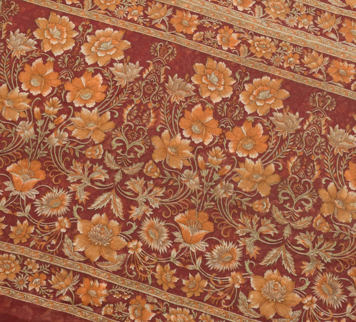 Sushila Vintage Floral Maroon Saree Georgette Silk Printed Indian Craft Fabric