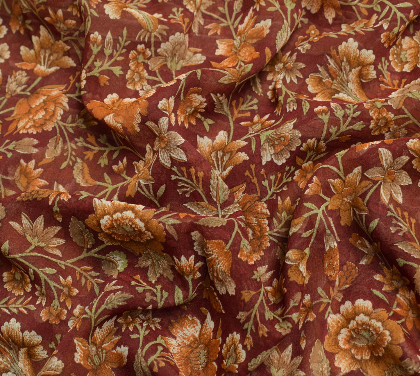 Sushila Vintage Floral Maroon Saree Georgette Silk Printed Indian Craft Fabric