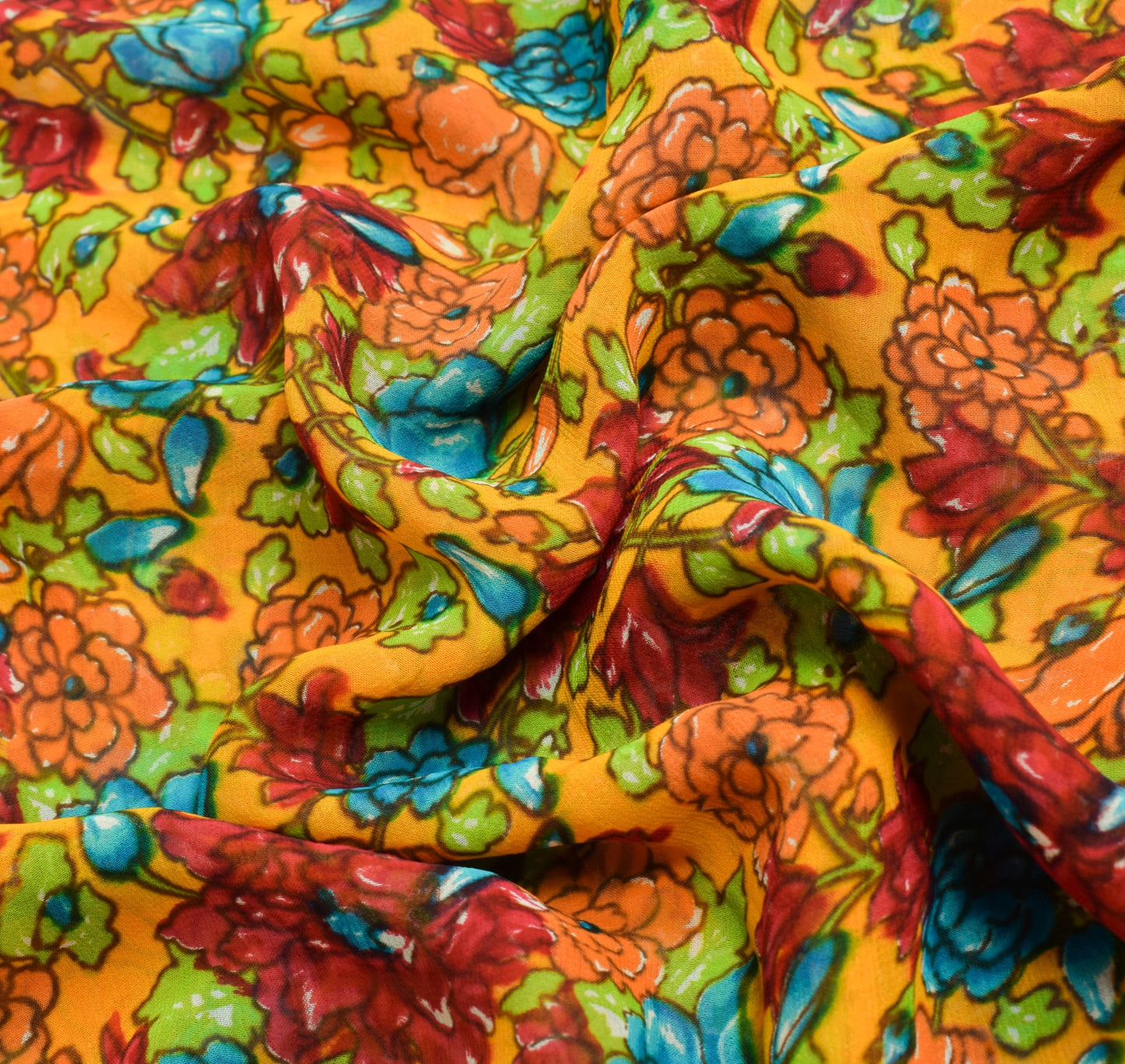 Sushila Vintage Saree 100%Pure Georgette Silk Printed Craft Yellow Floral Fabric
