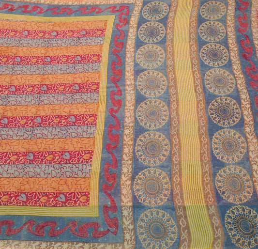 Sushila Vintage Saree Multi-Color 100% Pure Georgette Silk Printed Craft Fabric