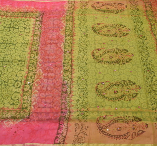 Sushila Vintage Green Floral Saree Pure Georgette Silk Hand Block Printed Fabric