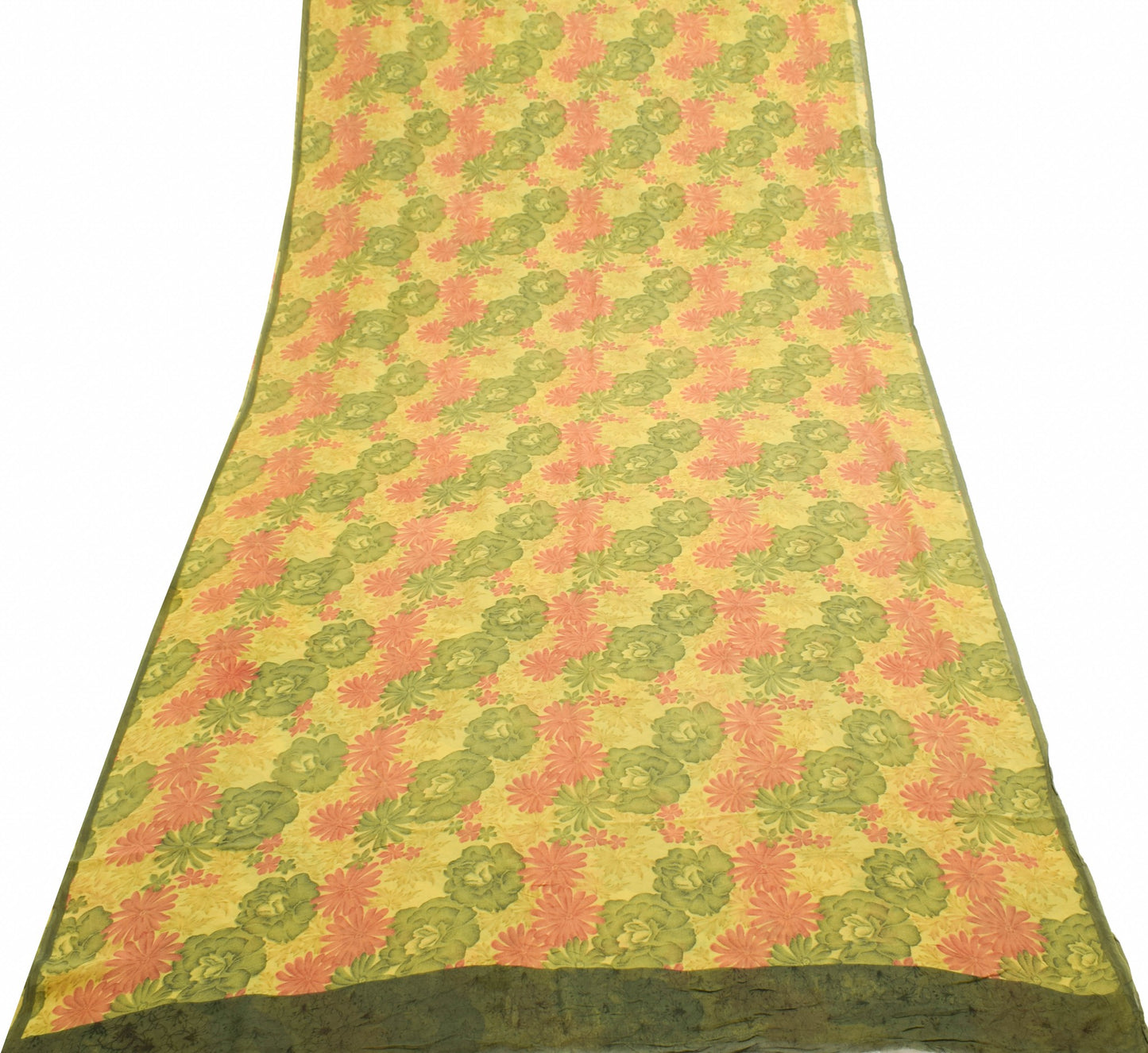 Sushila Vintage Saree 100%Pure Georgette Silk Printed Floral Yellow Craft Fabric