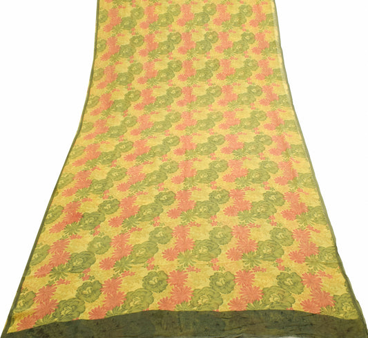 Sushila Vintage Saree 100%Pure Georgette Silk Printed Floral Yellow Craft Fabric