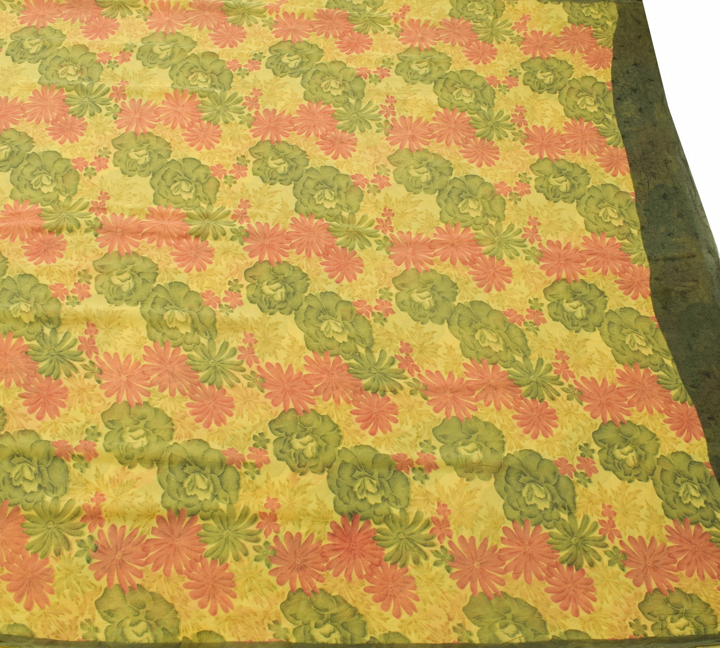 Sushila Vintage Saree 100%Pure Georgette Silk Printed Floral Yellow Craft Fabric