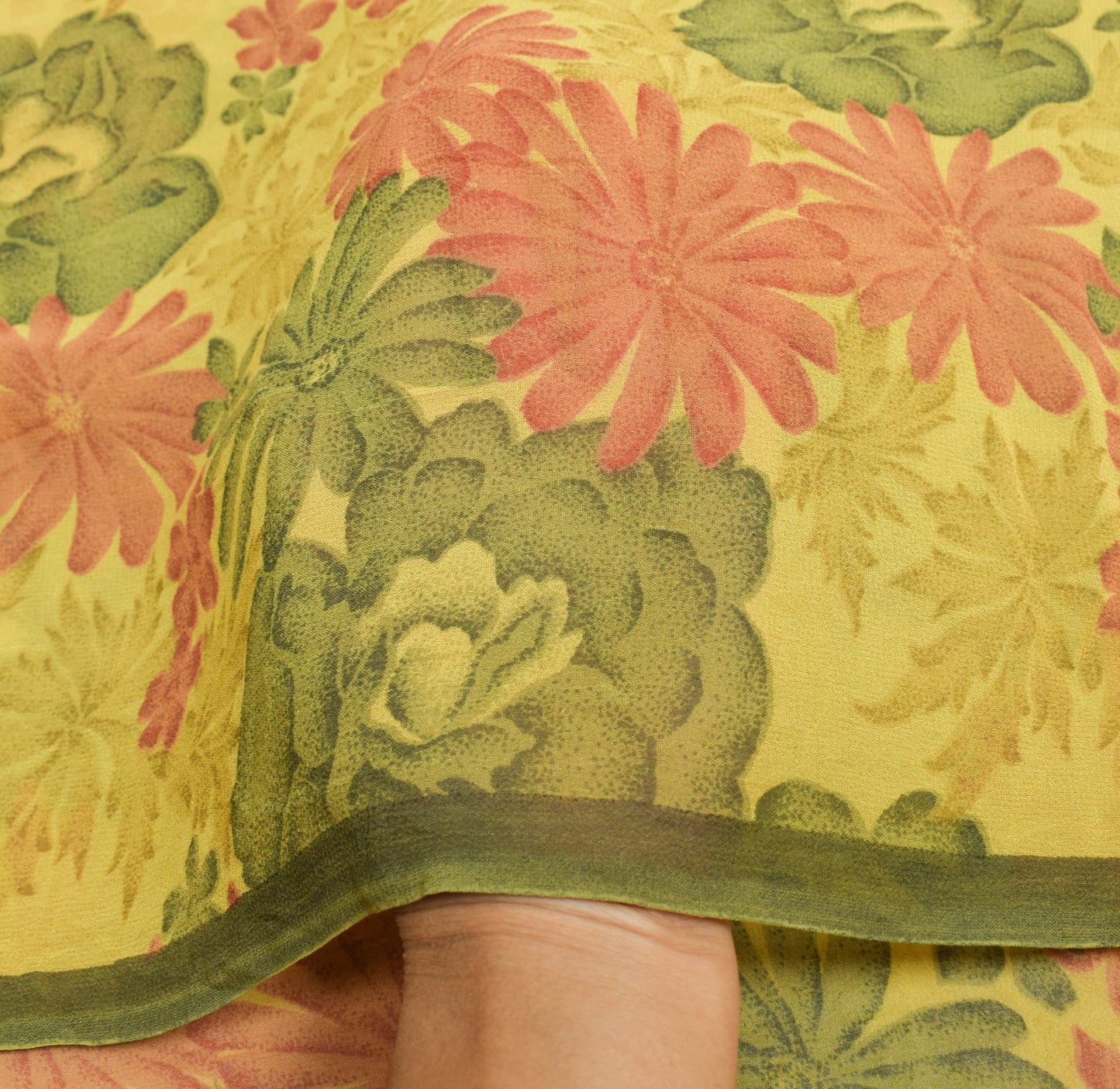 Sushila Vintage Saree 100%Pure Georgette Silk Printed Floral Yellow Craft Fabric