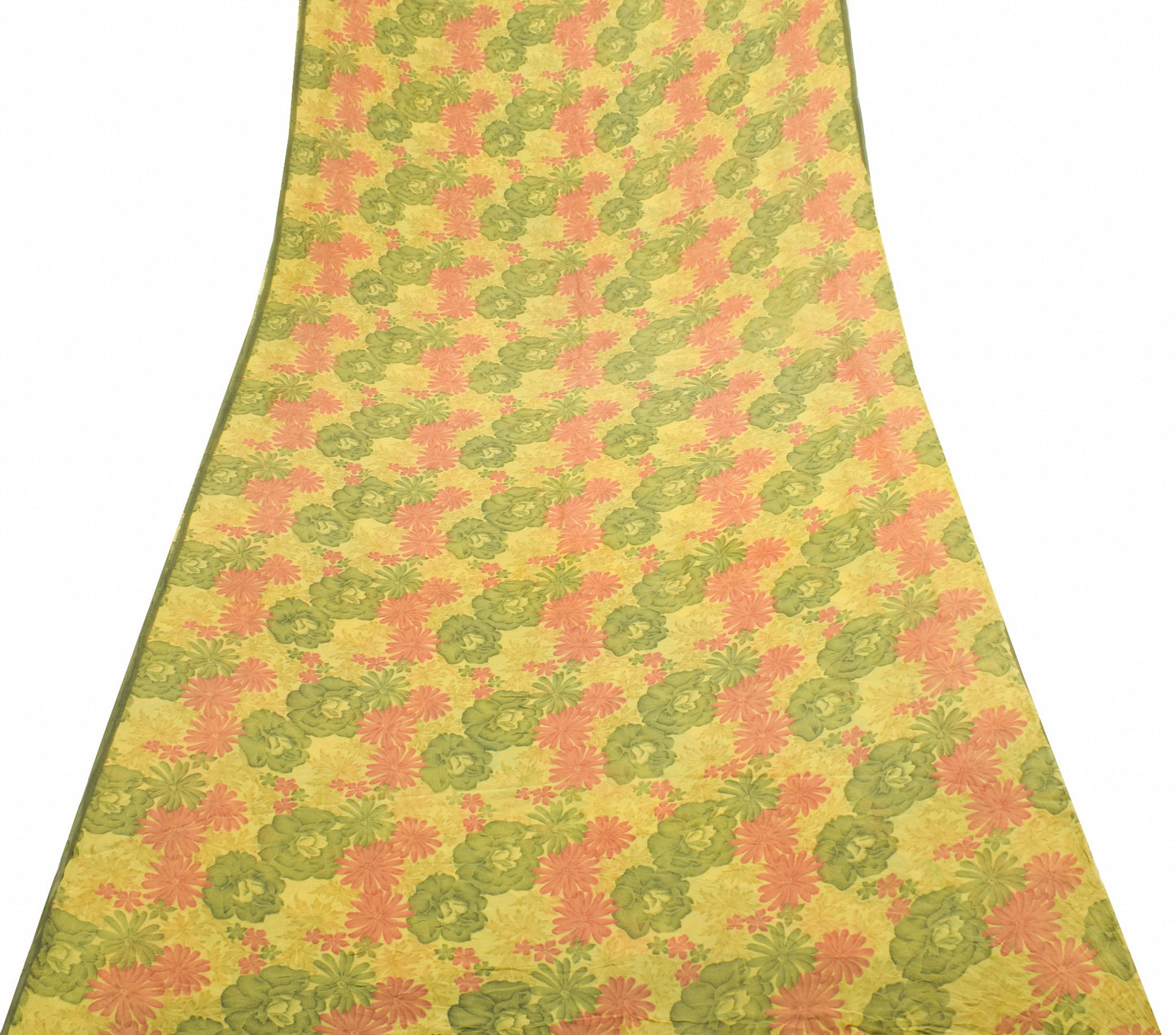 Sushila Vintage Saree 100%Pure Georgette Silk Printed Floral Yellow Craft Fabric