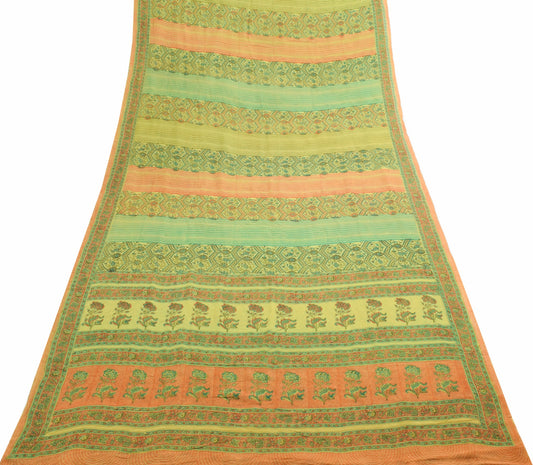 Sushila Vtg Green Orange Saree Georgette Silk Hand Block Printed Craft Fabric