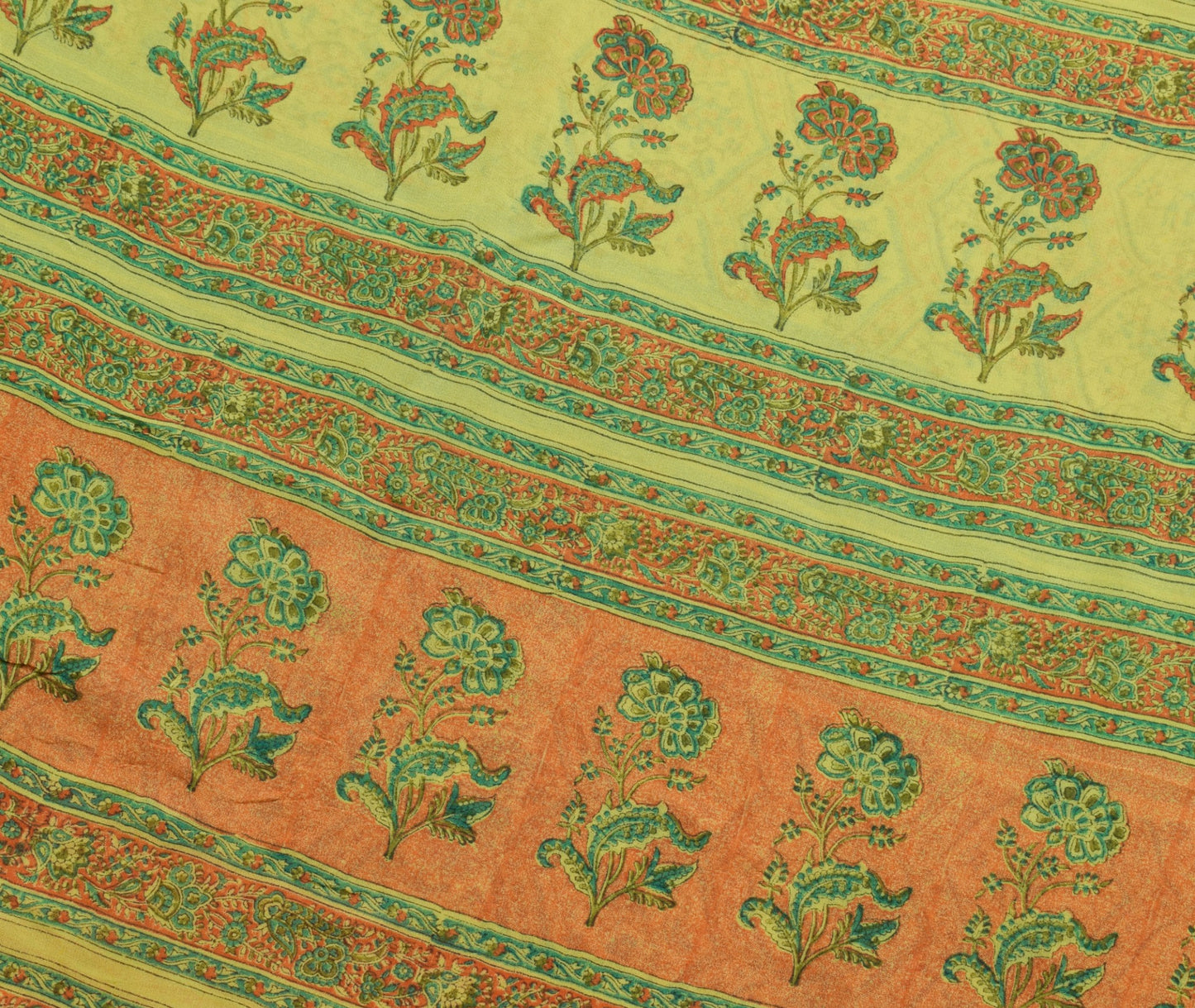 Sushila Vtg Green Orange Saree Georgette Silk Hand Block Printed Craft Fabric