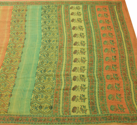 Sushila Vtg Green Orange Saree Georgette Silk Hand Block Printed Craft Fabric