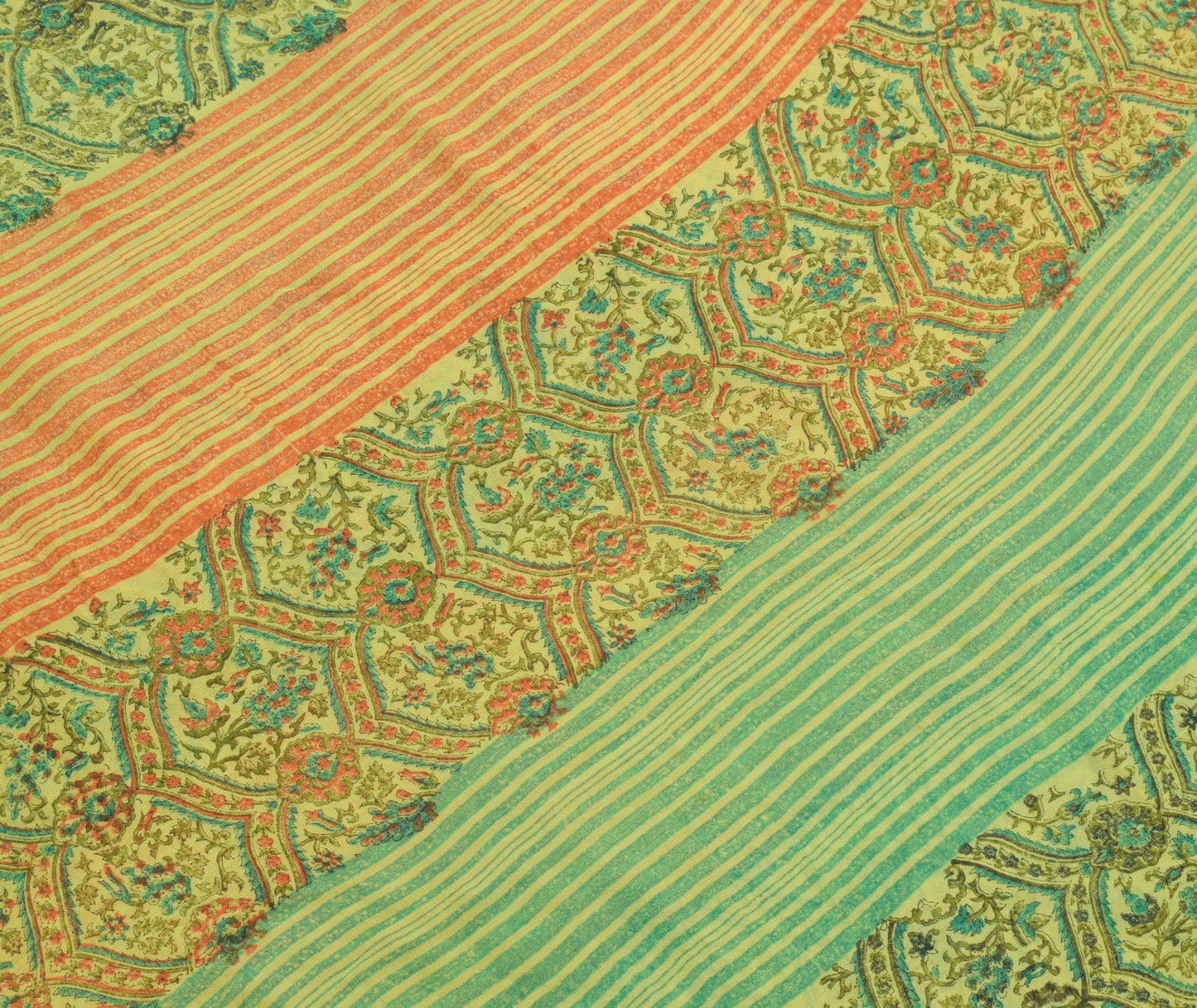 Sushila Vtg Green Orange Saree Georgette Silk Hand Block Printed Craft Fabric