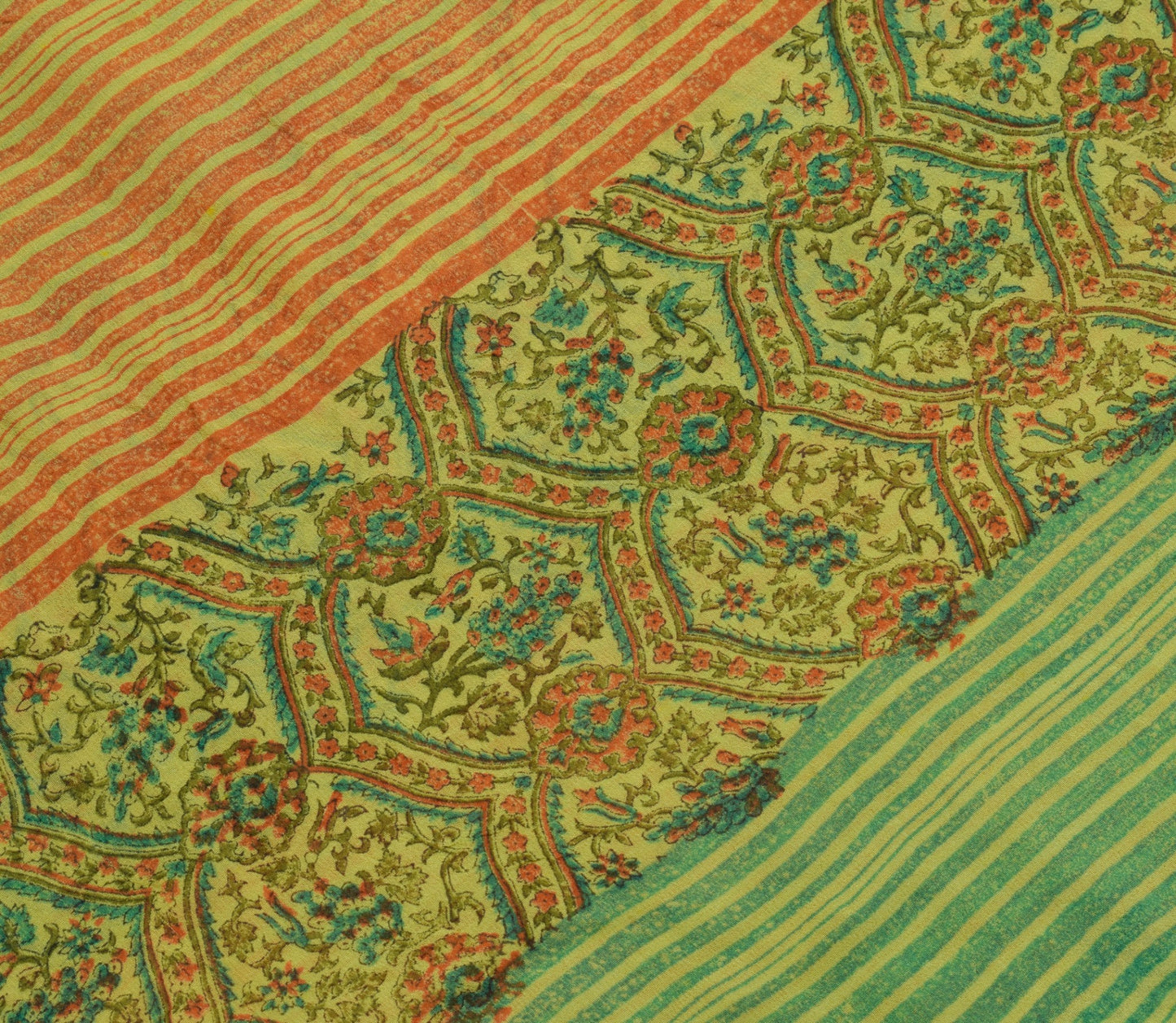Sushila Vtg Green Orange Saree Georgette Silk Hand Block Printed Craft Fabric