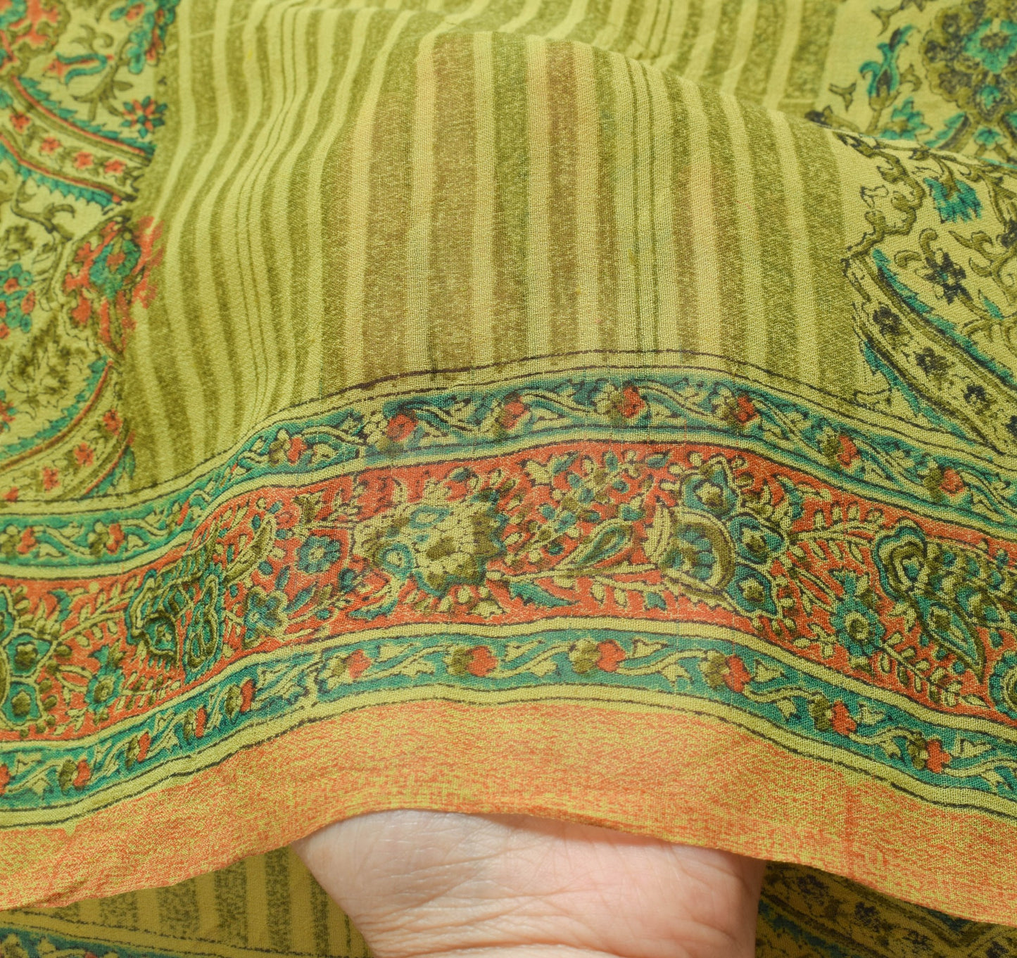 Sushila Vtg Green Orange Saree Georgette Silk Hand Block Printed Craft Fabric
