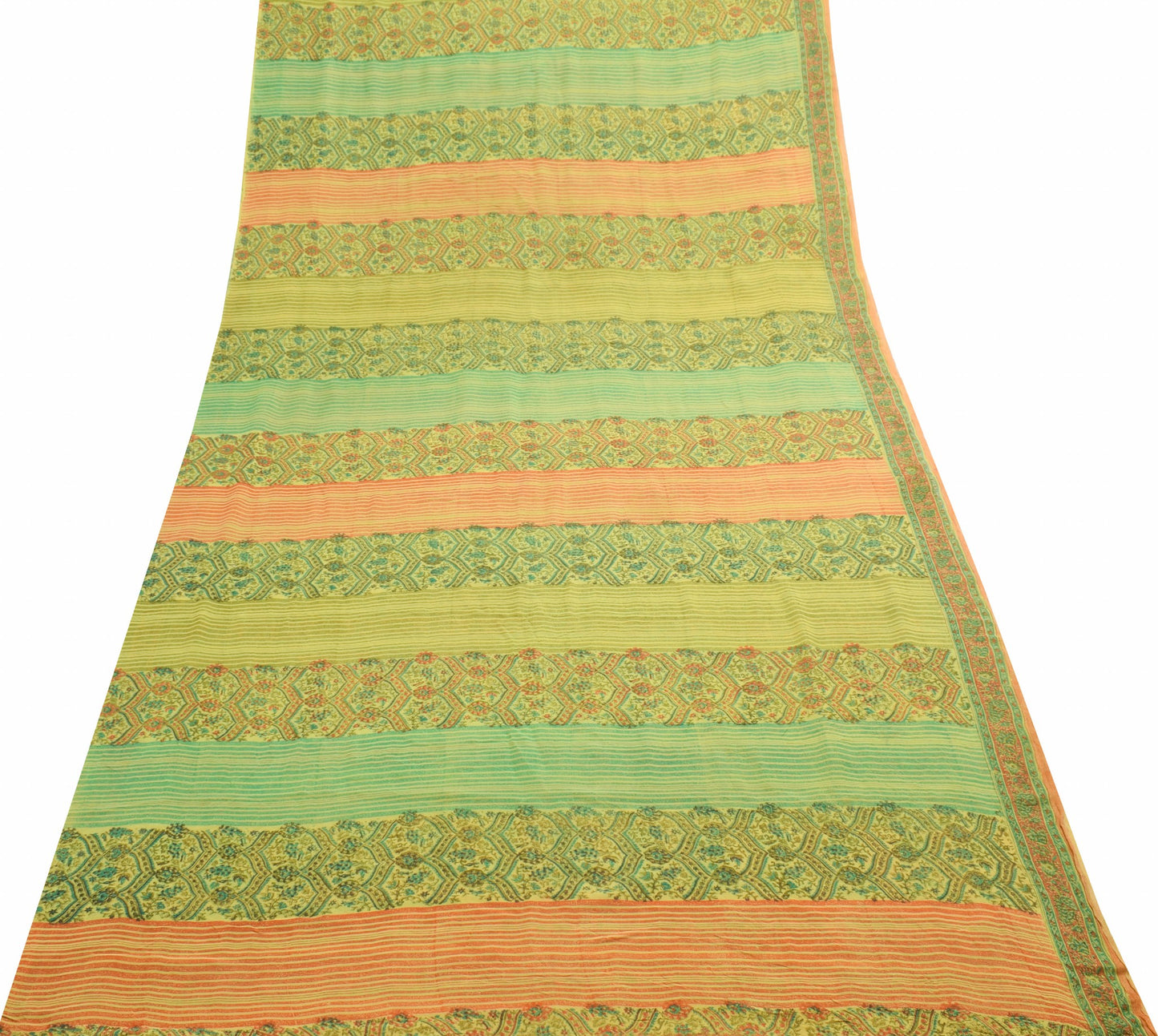 Sushila Vtg Green Orange Saree Georgette Silk Hand Block Printed Craft Fabric