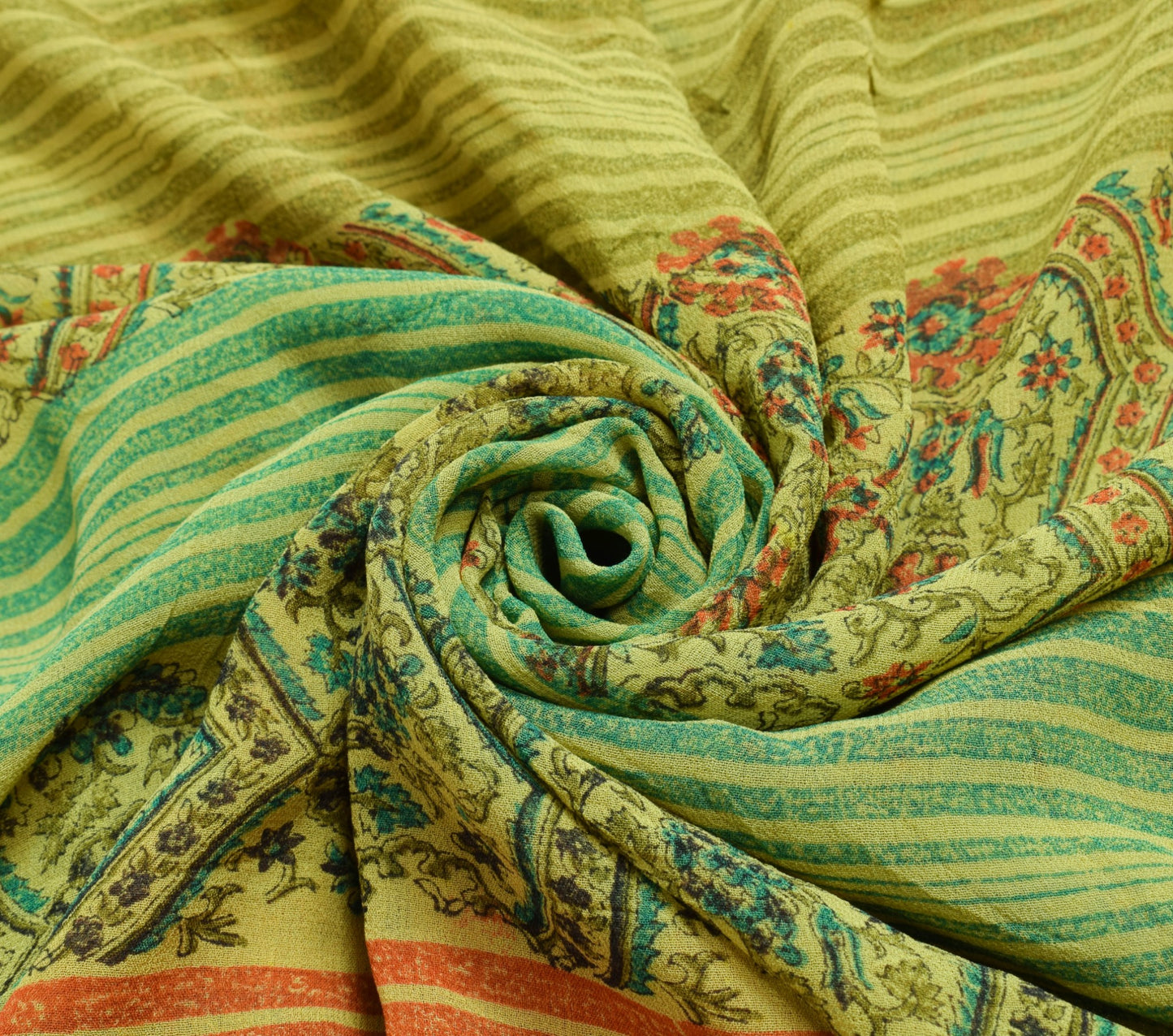 Sushila Vtg Green Orange Saree Georgette Silk Hand Block Printed Craft Fabric
