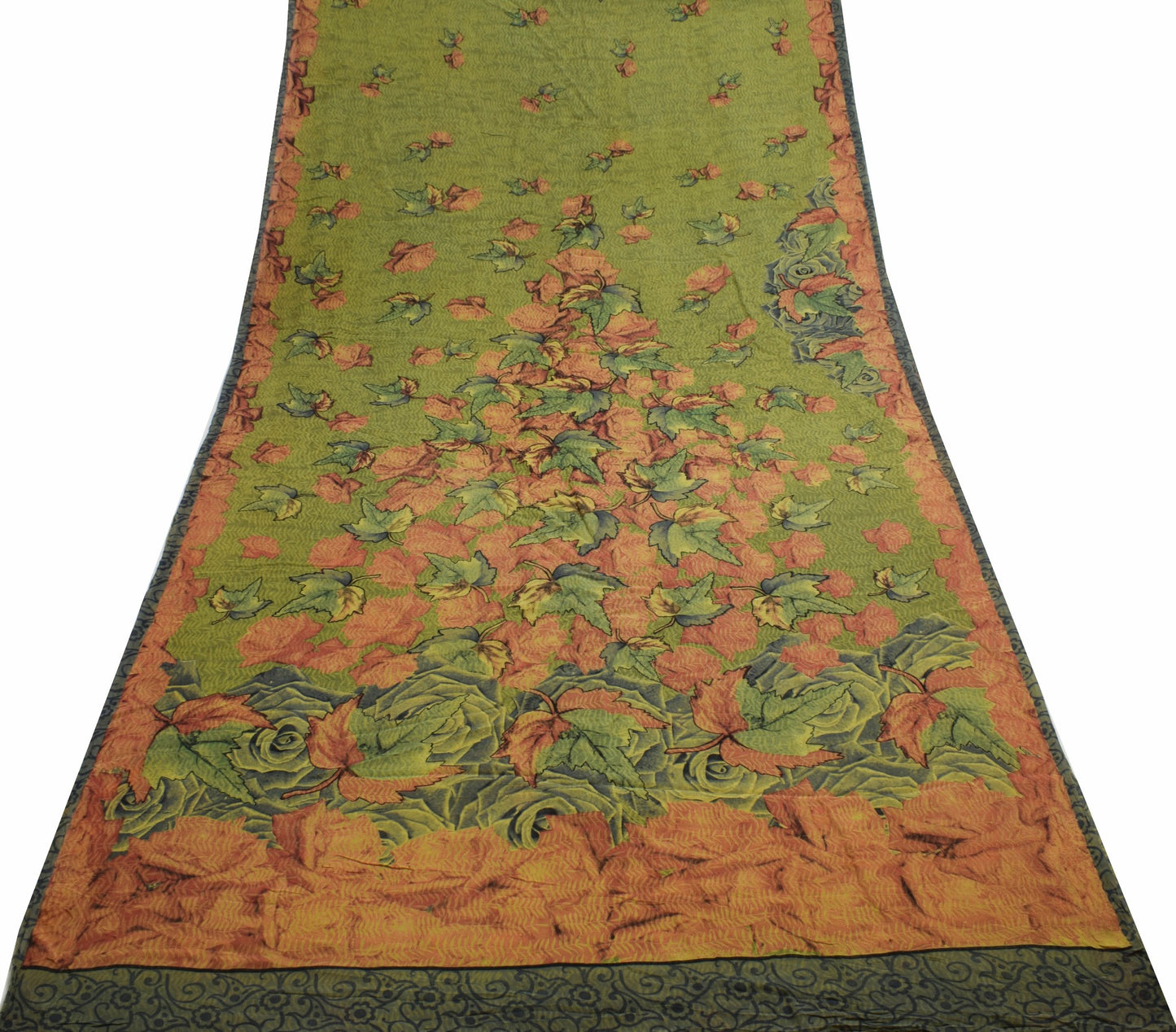 Sushila Vintage Floral Green Saree 100% Pure Georgette Silk Printed Craft Fabric