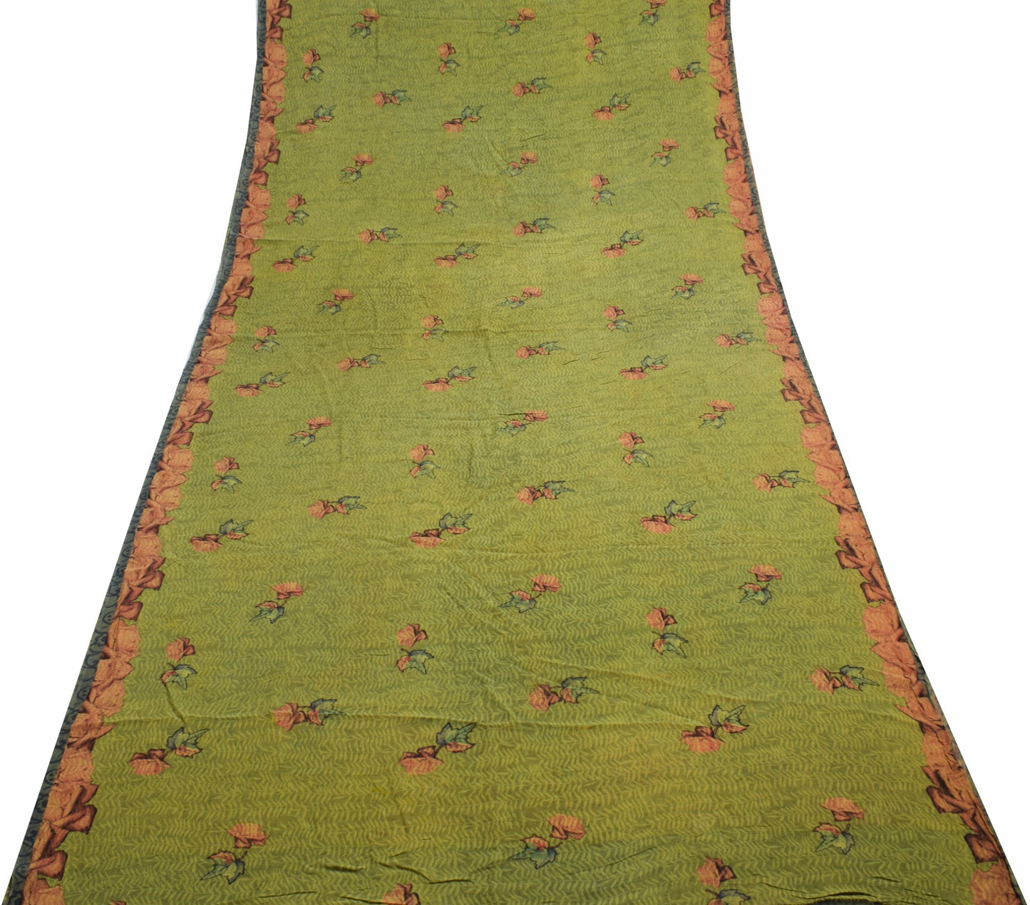 Sushila Vintage Floral Green Saree 100% Pure Georgette Silk Printed Craft Fabric